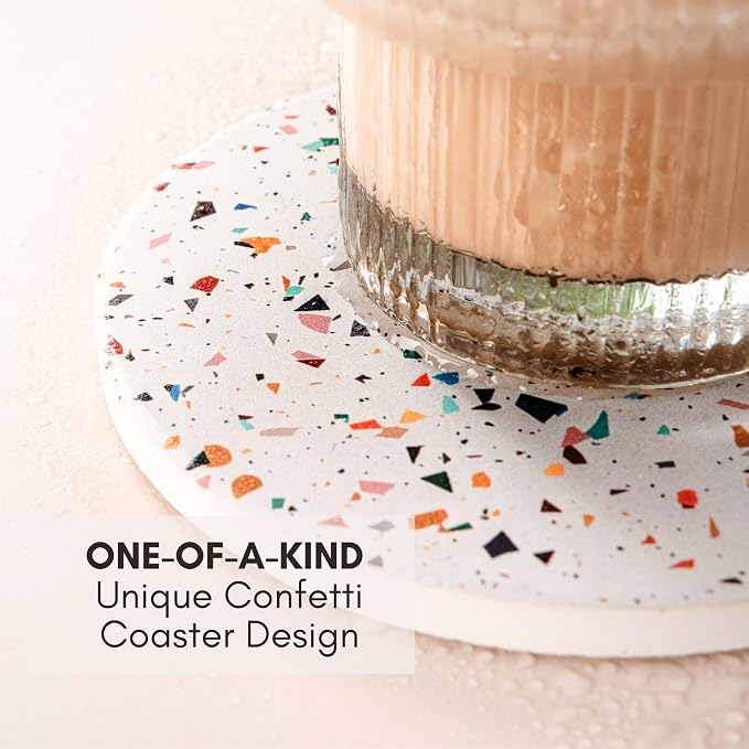 Terrazzo Coasters Set of 6, Colorful Boho Absorbent Ceramic Coasters | Speckled - Image 9