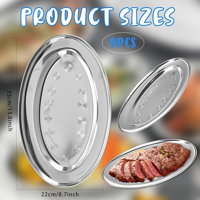 9 Pcs Stainless Steel Oval Platter Heavy Duty Metal Oval Serving Tray Set - Image 2