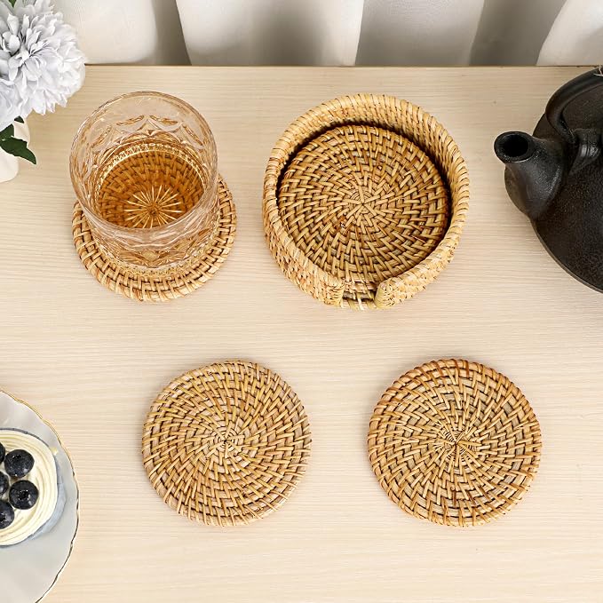 Drink Coasters Set of 6, Handwoven Rattan Coasters - Image 7
