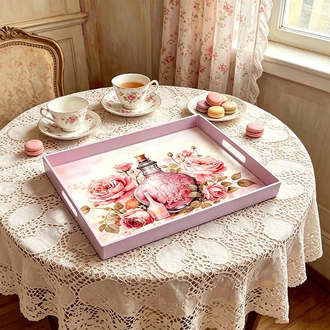Serving Tray with Handles, 15.7 * 11.8 inches, Plastic Ottoman Tray with - Image 7
