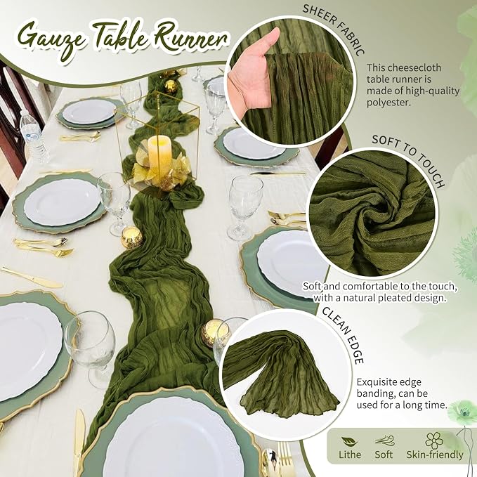 Showgeous 4 Pack Olive Green Cheesecloth Table Runner, 17 x 108 Inches | Boho - Image 3