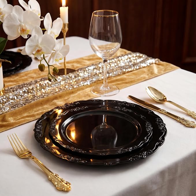 U-QE 100PCS Black Plastic Plates, Heavy Duty Black Plates Including 50PCS 10'' - Image 3