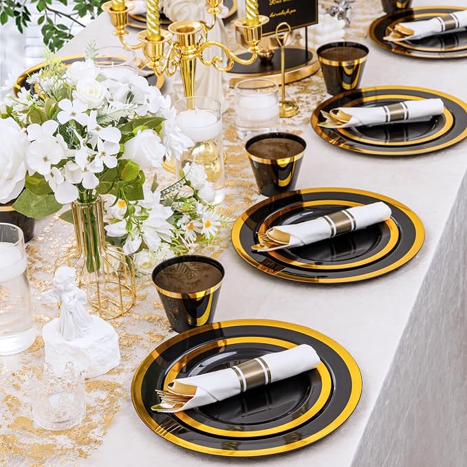 YOUBET 350PCS Black and Gold Plastic Plates - Image 4