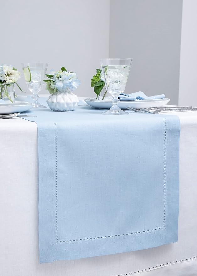 Solino Home 100% Pure Linen Table Runner Sky Blue Hemstitch, 14 x 90 in | - Image 2