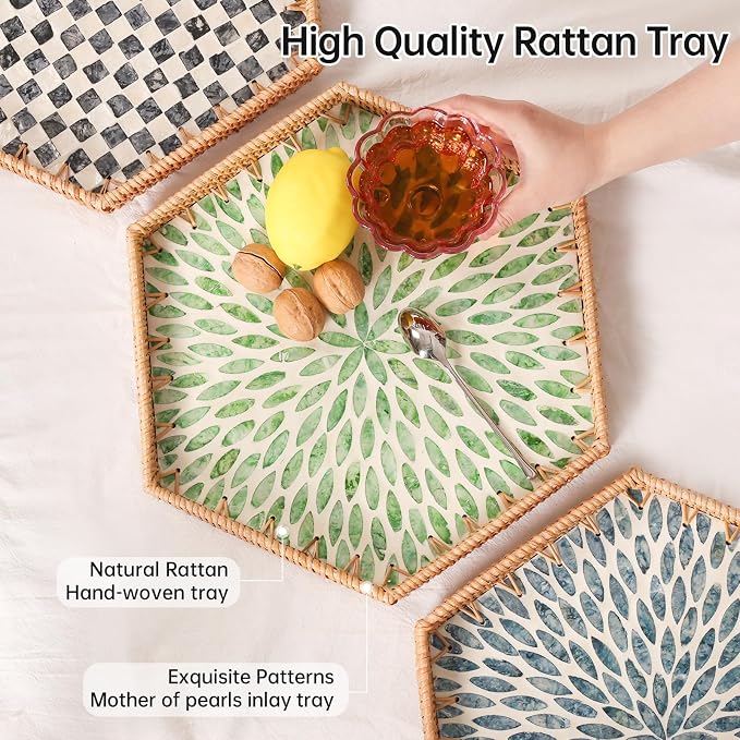 Hexagon Rattan Tray with Mother of Pearl Inlay, Rattan Serving Tray - Image 2