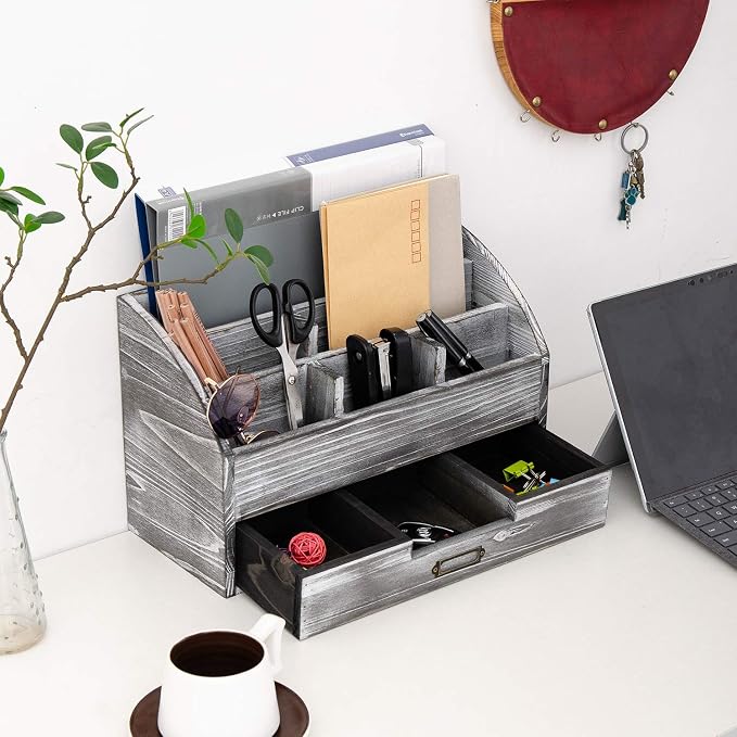 canwedance Distressed Rustic Wooden Office Desk Organizer 5 Compartment - Image 6