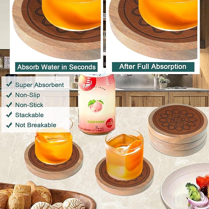 5 Pack Wood Coasters for Drinks, Minacun Absorbent Coaster Set, Drinks Coasters - Image 2