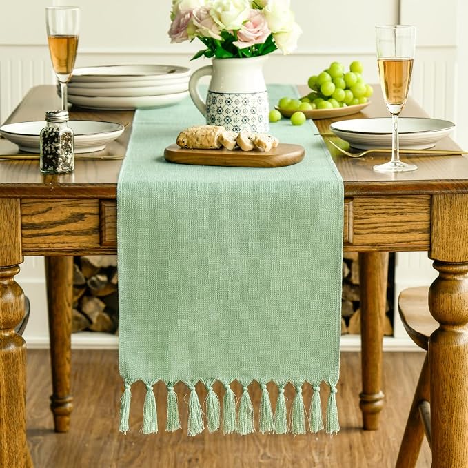 Artoid Mode Sage Green Tassel Table Runner, Spring Linen Blend Kitchen Table - Image 3
