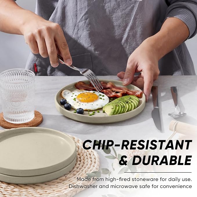 E-far 7.9 Inch Ceramic Dinner Plates, 6-Piece Stoneware Salad Plates, Khaki | - Image 3