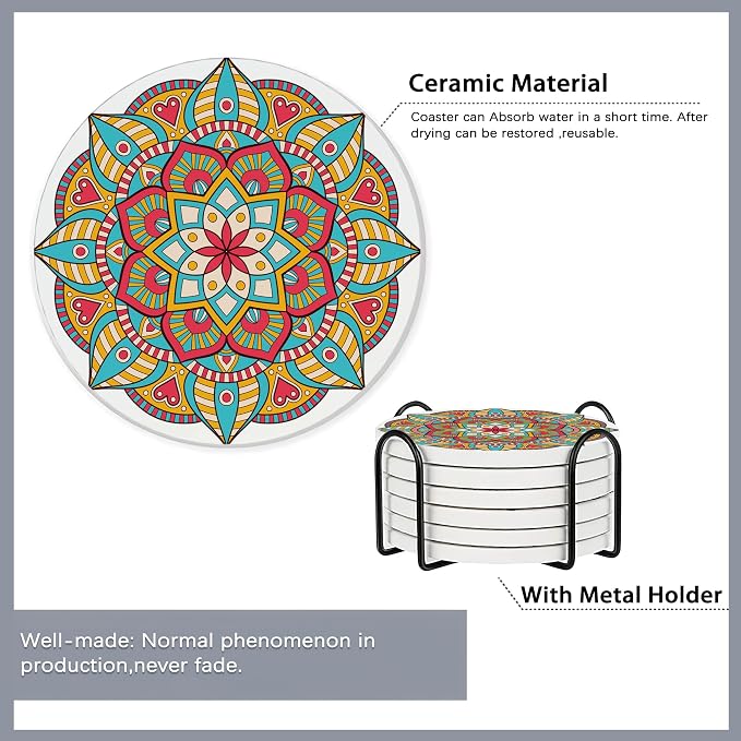 Drink Coasters Set of 6 with Holder, Mandala Boho Flower Absorbent Ceramic - Image 5