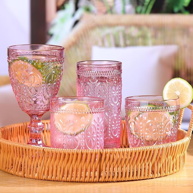 abrwyy Pink Glassware set of 4, Vintage Drinking Glasses, 10oz Pink Heavy Duty - Image 5