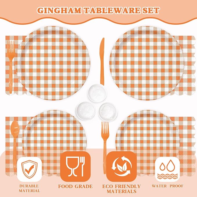 Vyntra 350 Pcs Orange & White Checkered Gingham Paper Plates and Napkins Set - Image 5