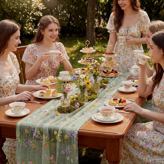 Sage Green Floral Table Runner 10ft Embroidery Tulle Spring Wildflower Table - Image 6