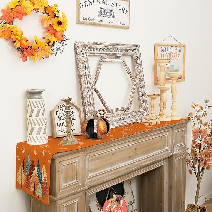Fall Watercolor Trees & Maple Leaves Table Runner 13x48 Inch, Rustic Farmhouse - Image 5