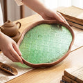 Glass Serving Tray with the Crabapple Pattern and Walnut Rectangular Serving by Tiangrid