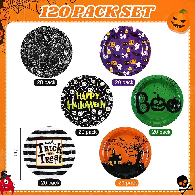 120 Pcs Halloween Paper Plates 7 Inch Spider Web Party Plates, Pumpkin Spooky - Image 3