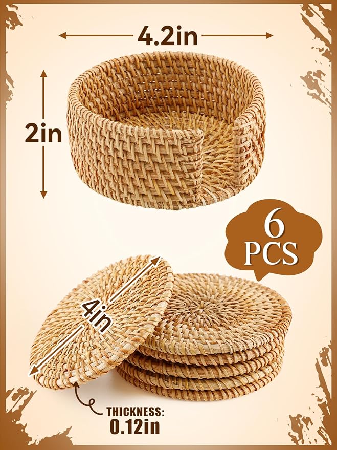 6Pcs Handmade Natural Rattan Coasters Set - Image 6
