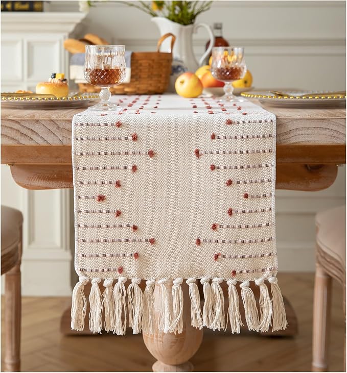 Caflife Boho Table Runner 13 x 60 Inch Long Natural Cotton Woven Runner by Caflife