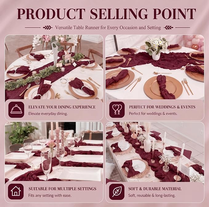 12 Pack Burgundy Cheesecloth Table Runner 17x108 Inch Boho Rustic Semi Sheer - Image 7