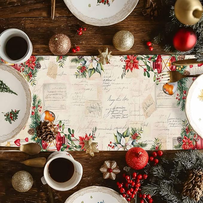 Christmas Poinsettia Table Runner 90 Inches Long, Winter Xmas Balls Birds Table - Image 4
