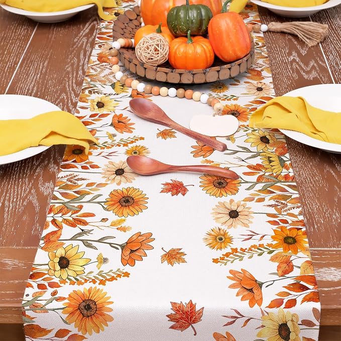 Fall Pumpkins and Sunflowers Table Runner 13x60 Inch, Maple Leaves Farmhouse - Image 6