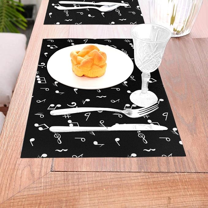 Music Notes Placemats Set of 4 Musicial Lover Dining Table Mats Washable Black - Image 2