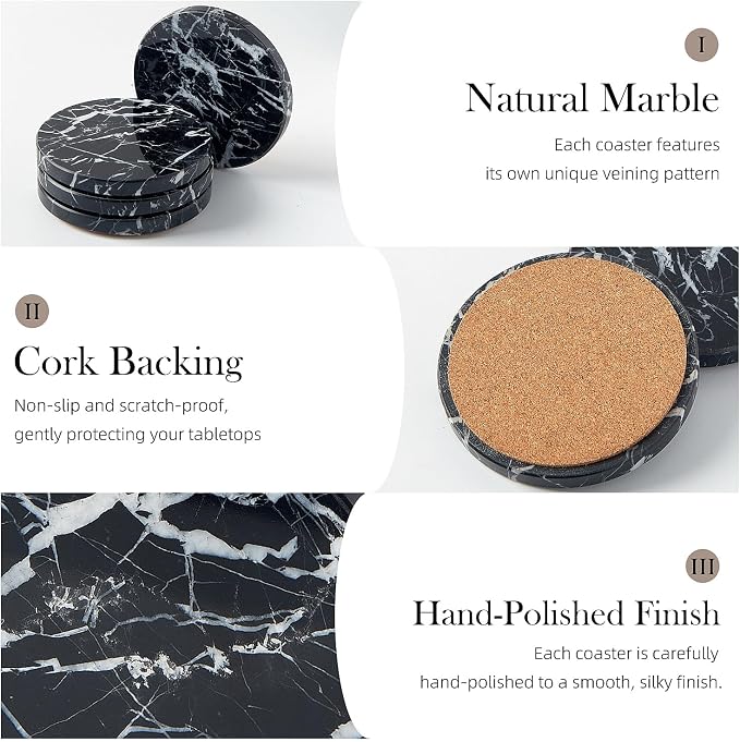 Natural Marble Coaster Set of 4.Round Drinks Coasters, Non-Ceramic/Non-Resin | - Image 3