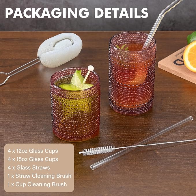 ZMOWIPDL 12oz & 15oz Hobnail Drinking Glasses, - Image 4