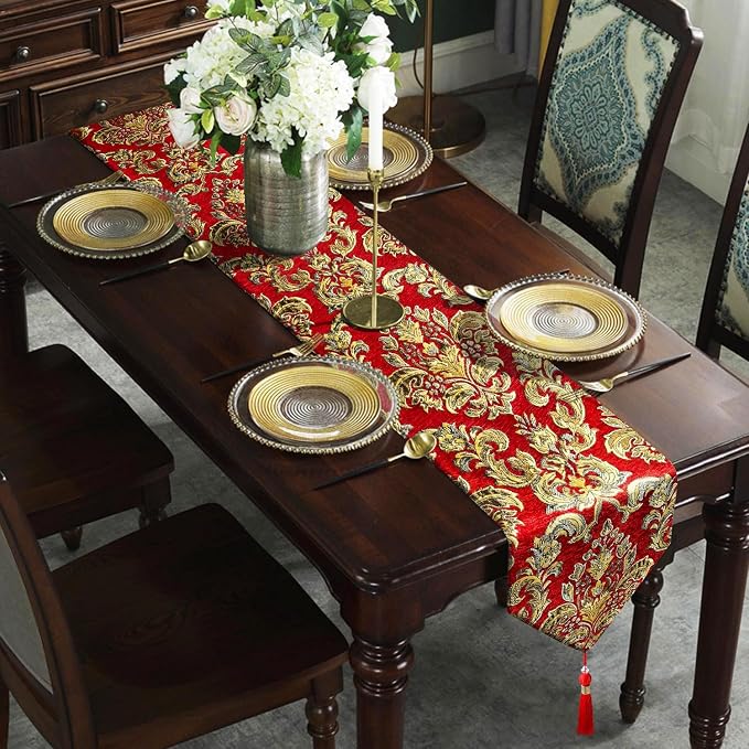 Burgundy Chenille Table Runner 98" Embellished Jacquard - Image 3