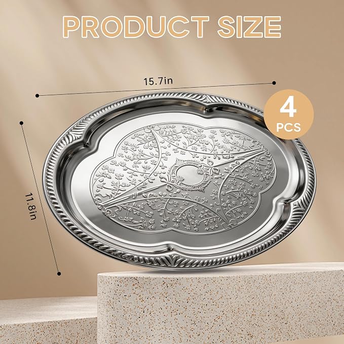 4-pcs 20.3" x 15.1"Large Silver Serving Trays Set, Stainless Steel Decorative - Image 2