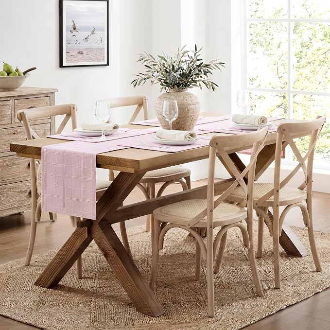Linen Checked Farmhouse Table Runner, 13x48 Inches Pink | Raised Grid Design - Image 3