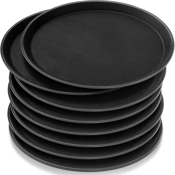 Zopeal 8 Pieces Black Round Restaurant Serving Tray, Plastic Non Slip Surface by Zopeal