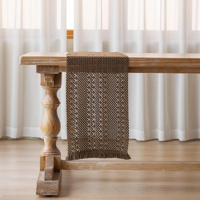 Fall Thanksgiving Boho Macrame Brown Table Runner 13x108 Inch | Woven Burlap - Image 4