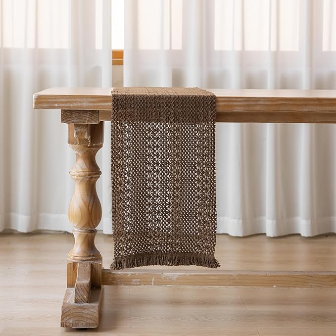 Fall Thanksgiving Boho Macrame Brown Table Runner 13x72 Inch | Woven Burlap - Image 4