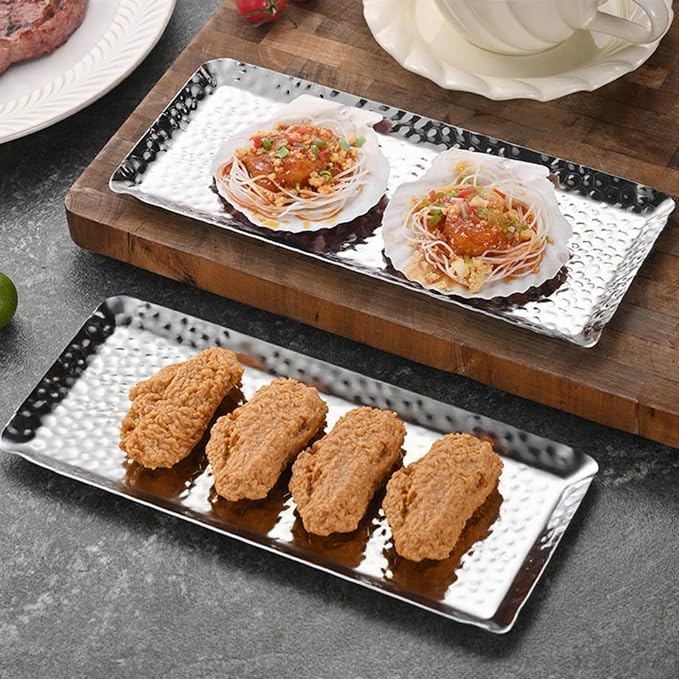 4 Pcs Hammered Silver Tray, Small Stainless Steel Appetizer Platter | 9.8 Inch - Image 9