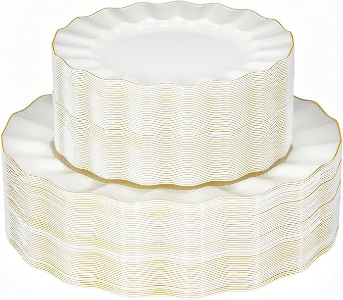 120PCS Ivory White Plastic Plates, Wavy Plates by QualQuot