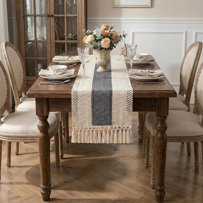 Boho Macrame Table Runner with Tassels 72in Grey Farmhouse Runner | Macrame - Image 4
