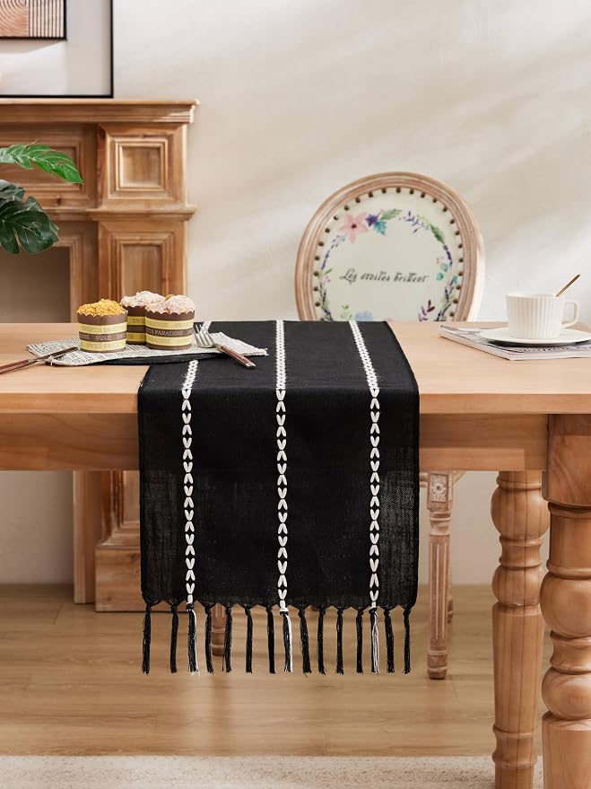 Braided Farmhouse Table Runner, Braided Black 13x48 Inch, Cotton Linen Table - Image 2