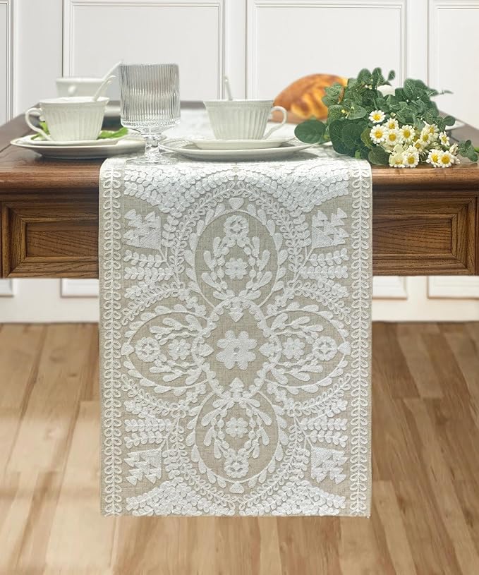 KEVA Boho Table Runner 54inches Long, Farmhouse Rustic Vintage White - Image 2