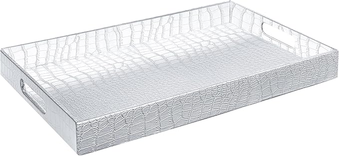 Home Redefined 17.5"x12" Silver Glossy Crocodile Faux Leather Serving Tray by HomeRedefined