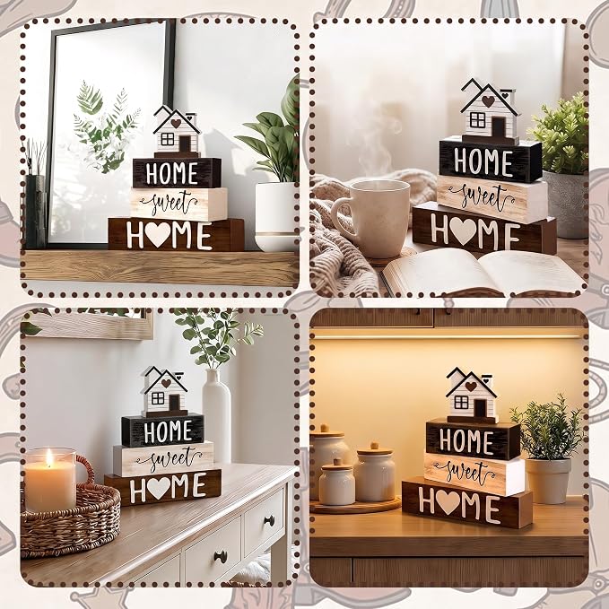 Cinnvoice 4 Pcs Woodhouse Wooden Block Decor Farmhouse Tiered Tray Signs Home - Image 6