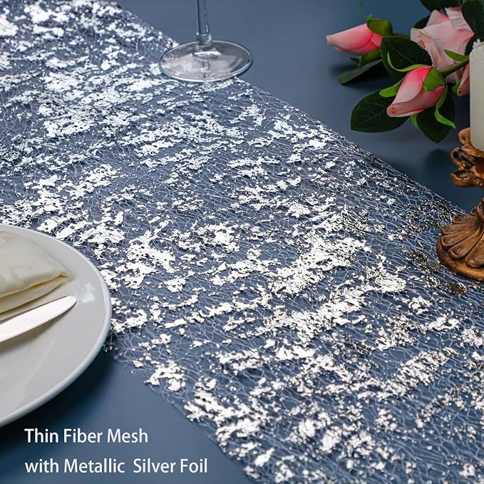 Snowkingdom Silver Table Runner, Sequin Glitter Foil Metallic Mesh Runner Roll - Image 2