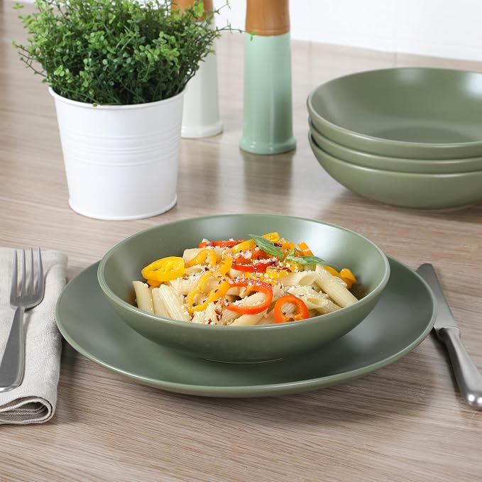 Gibson Home Queenslane 16-Piece Matte Green Stoneware Dinnerware Set – Double - Image 5
