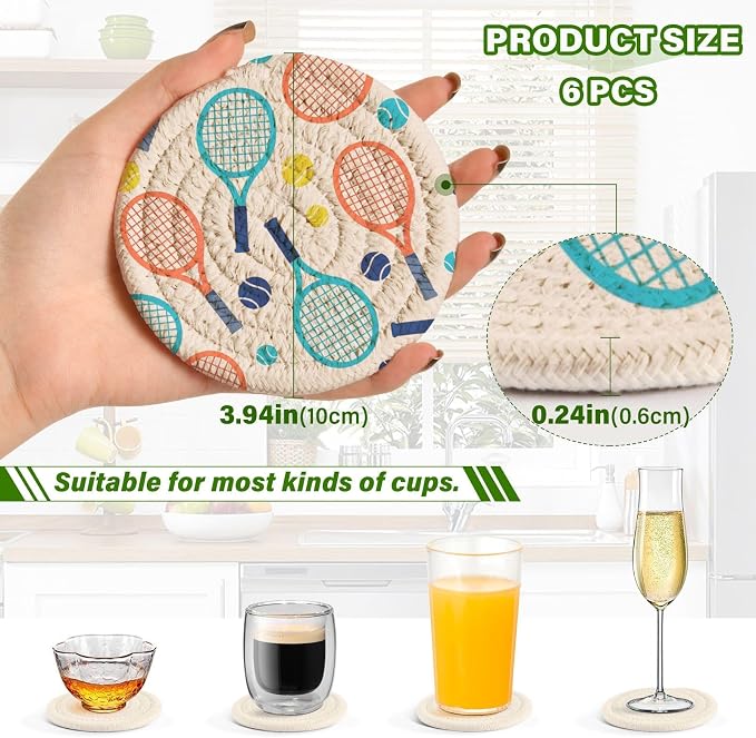 Tennis Balls Print Coasters for Drinks Set of 6 Absorbent Woven Drink Coaster - Image 3