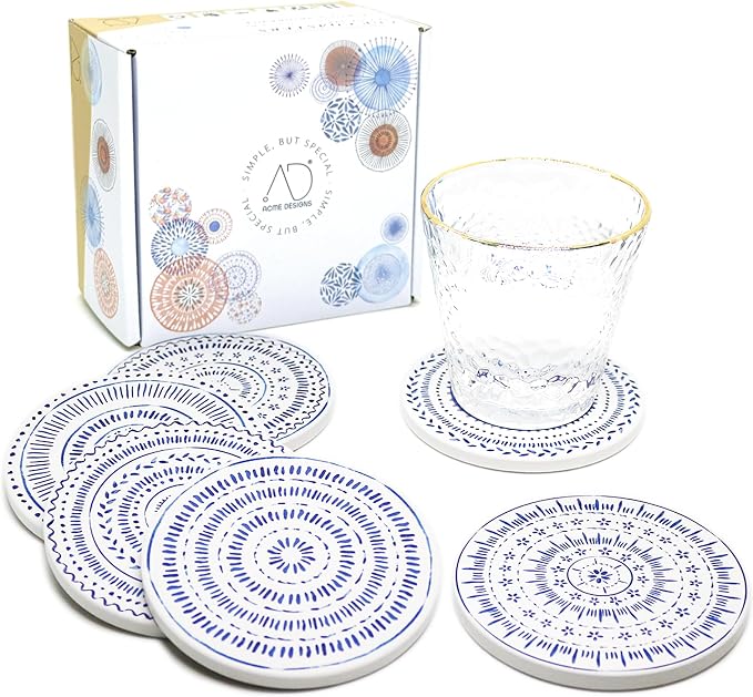 AD Set of 6 Coasters for Drinks Absorbing Round Ceramic Stone Coaster - Image 8