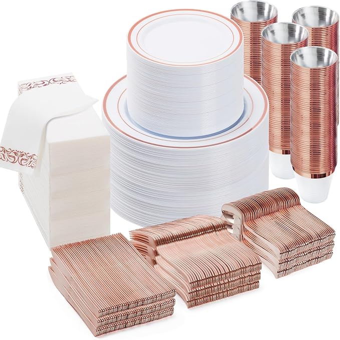 BESTVIP 700 PCS Rose Gold Disposable Plastic Dinnerware Set by Bestvip