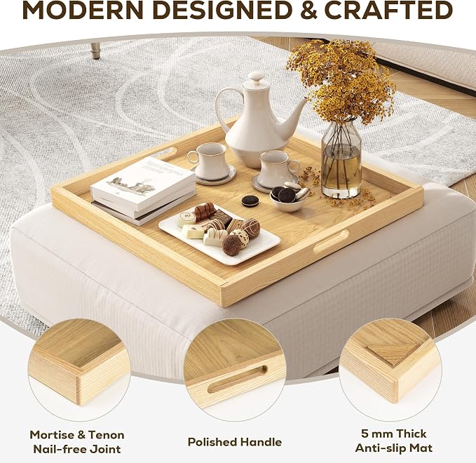 22 Inch Large Square Wooden Ottoman Tray - Image 3