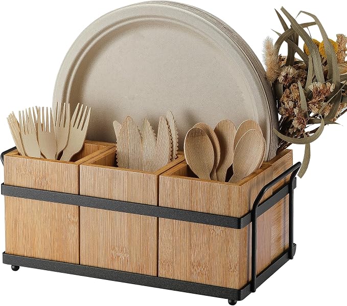 PTSTING Silverware Caddy Wood Silverware Holder Paper Plate Dispenser | by PTSTING