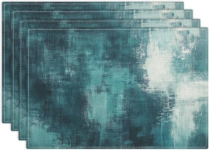 Emvency Farmhouse Placemats Set of 4, 12x18 Inch, Teal and White | Vintage by Emvency