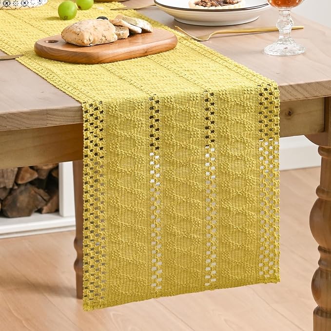 Artoid Mode Yellow Woven Farmhouse Hollow Table Runner 12x36 Inch | Holiday - Image 2